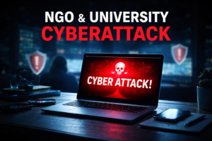 Laptop showing cyberattack alert representing targeted malware attacks on NGOs and universities