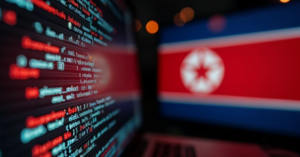 Laptop screen with code and North Korea flag in background representing hackers spreading malware through developer platforms