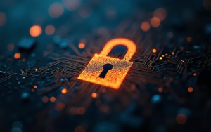 Digital lock on circuit board symbolizing security vulnerability and risk of data breach in ShowDoc