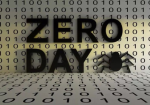 3D illustration showing "Zero Day" text with binary background and a spider symbol representing hidden cyber threats and ransomware vulnerabilities